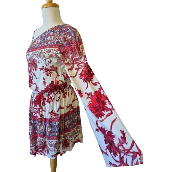 Free People Nomad Dress XS Red Cream One Shoulder Mini Bell Festival Party - Picture 4 of 9